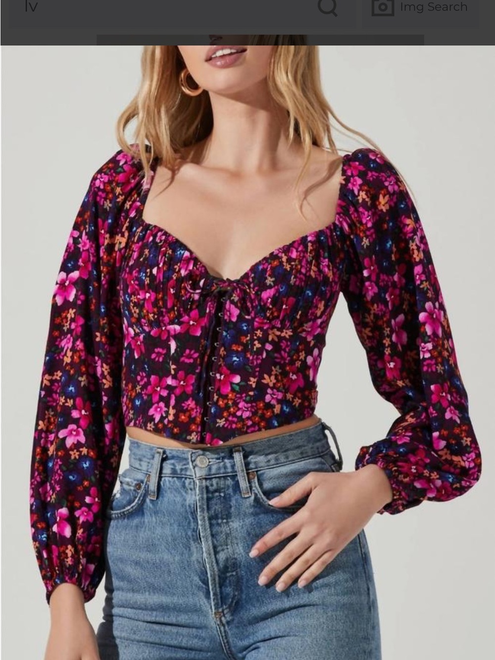 ASTR Pink Purple Floral Puff Sleeve Corset Crop Top Front Closure Size S